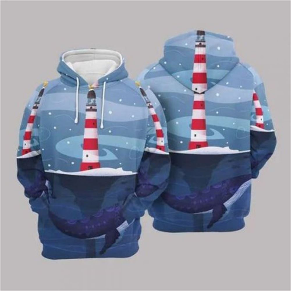 Christmas Lighthouse And Whale Blue All Over Print 3D Hoodie For Men And Women, Christmas Gift, Warm Winter Clothes, Best Outfit Christmas