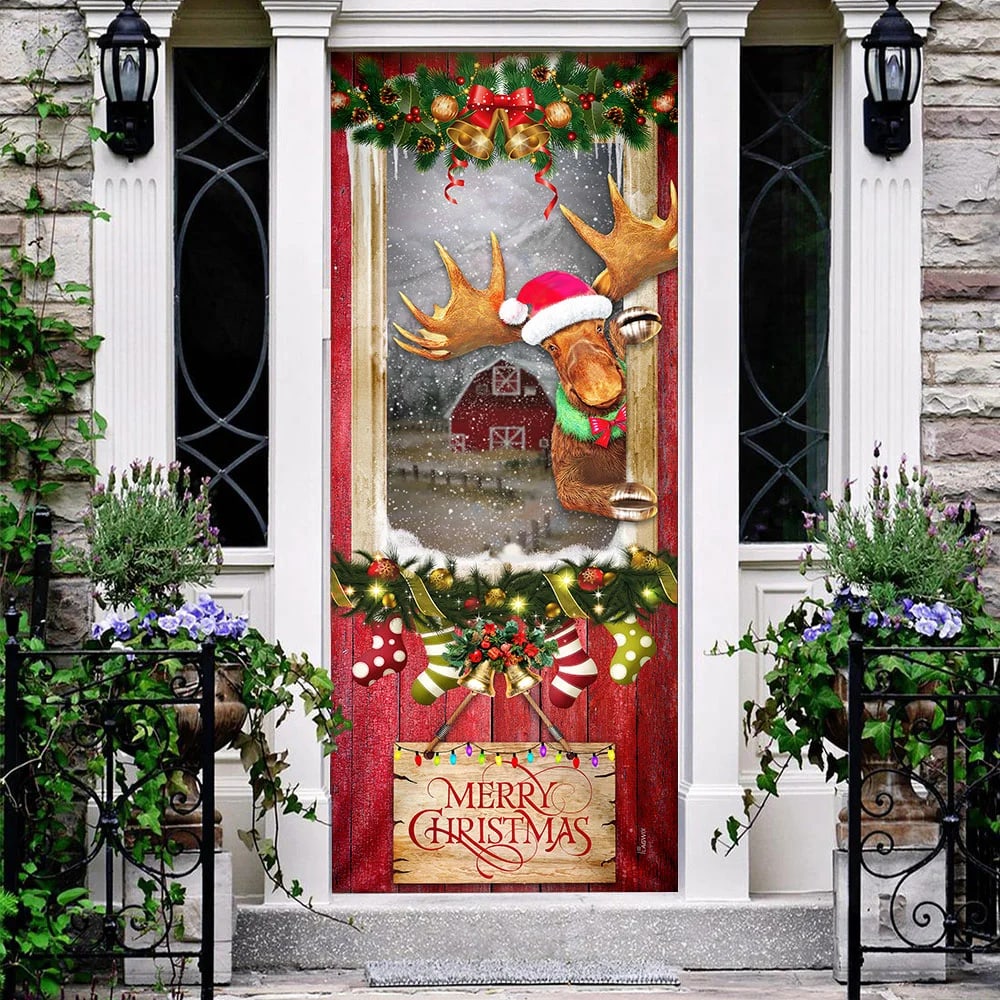 Christmas Moose Door Cover - Door Christmas Cover - Christmas Outdoor Decoration
