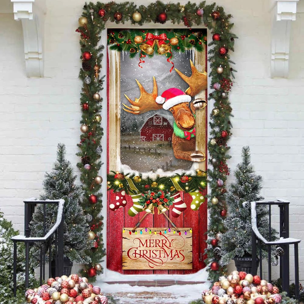 Christmas Moose Door Cover - Door Christmas Cover - Christmas Outdoor Decoration