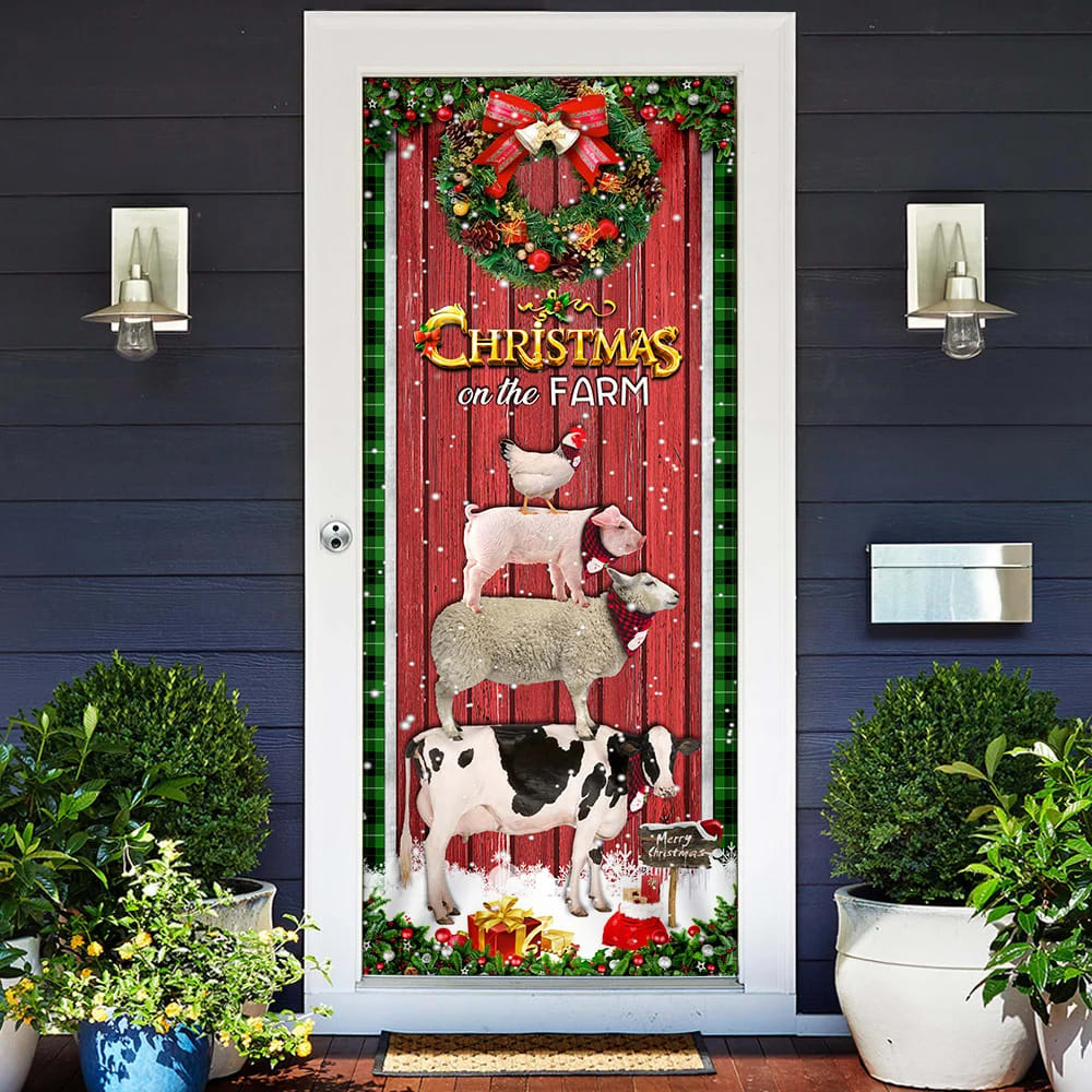 Christmas On The Farm Cattle Door Cover - Door Christmas Cover - Christmas Outdoor Decoration