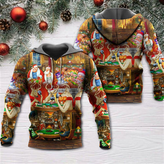 Christmas Poker Gambling Santa And Friends Play Poker All Over Print 3D Hoodie For Men And Women, Warm Winter Clothes, Best Outfit Christmas