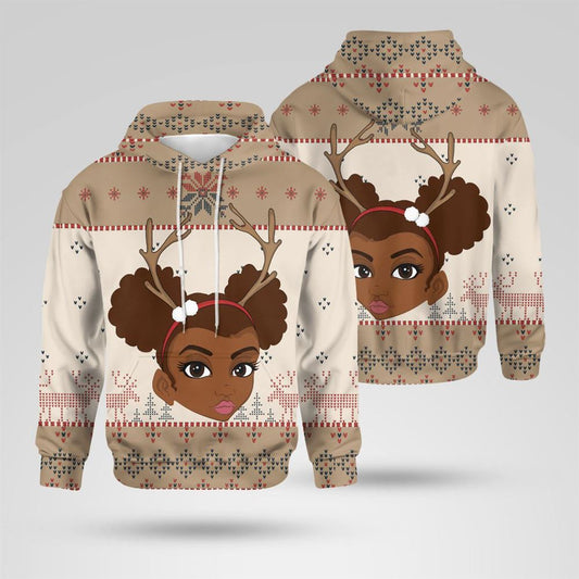 Christmas Santa Reindeers Black Girl All Over Print 3D Hoodie For Men And Women, Christmas Gift, Warm Winter Clothes, Best Outfit Christmas