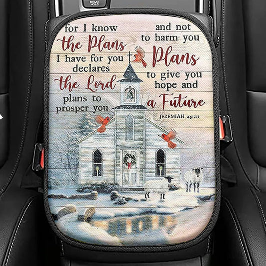 Church Cardinal Sheep Winter - For I Know The Plans I Have For You Seat Box Cover, Christian Car Center Console Cover, Bible Car Interior Accessories
