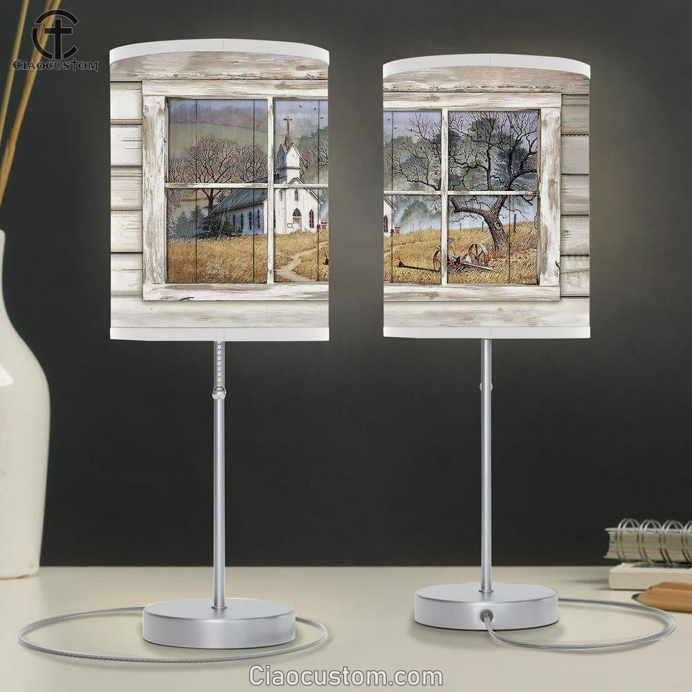 Church Country Church Through Rustic Window Yellow Meadow Table Lamp For Bedroom - Bible Verse Table Lamp - Religious Room Decor