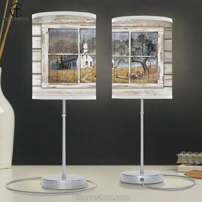 Church Country Church Through Rustic Window Yellow Meadow Table Lamp For Bedroom - Bible Verse Table Lamp - Religious Room Decor