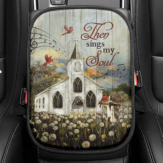 Church Lovely Red Cardinals Stunning Flower Field Seat Box Cover,Then Sings My Soul Car Center Console Cover, Christian Car Interior Accessories