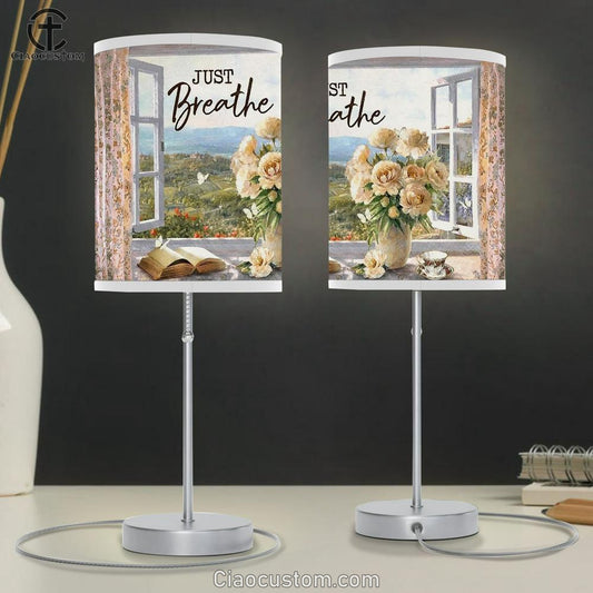 Climbing Rose Vase, Antique Bible, Window View, Just Breathe Table Lamp