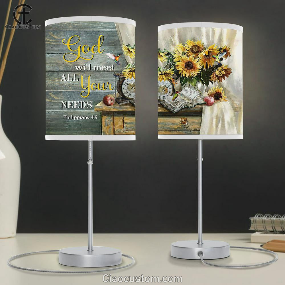 Clock Sunflower Vase God Will Meet All Your Needs Table Lamp For Bedroom - Bible Verse Table Lamp - Religious Room Decor
