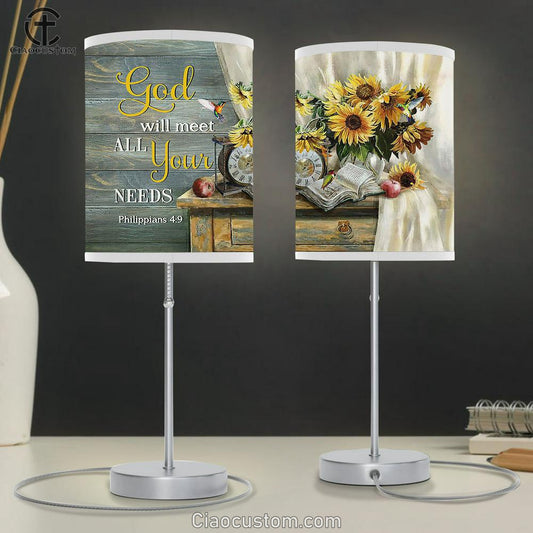 Clock Sunflower Vase God Will Meet All Your Needs Table Lamp For Bedroom - Bible Verse Table Lamp - Religious Room Decor