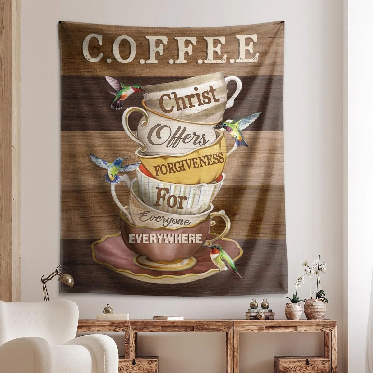 Coffee Christ Offers Forgiveness For Everyone Everywhere Tapestry Vintage Coffee Cups Hummingbirds God Tapestry Christian Tapestry