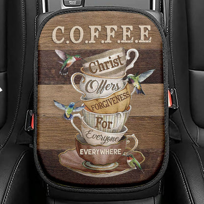 Coffee Cup Hummingbird Christ Offer Forgiven For Everyone Seat Box Cover, Christian Car Center Console Cover, Bible Verse Car Interior Accessories