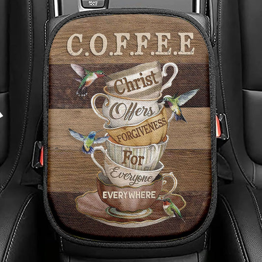Coffee Cup Hummingbird Christ Offer Forgiven For Everyone Seat Box Cover, Christian Car Center Console Cover, Bible Verse Car Interior Accessories