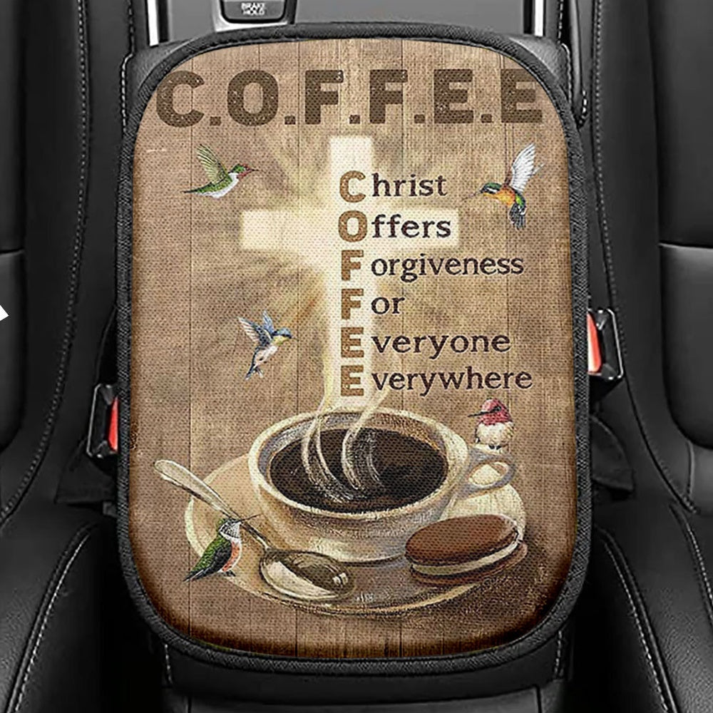 Coffee Cup Hummingbird Christ Offers Forgiveness Seat Box Cover, Bible Verse Car Center Console Cover, Christian Inspirational Car Armrest Cover