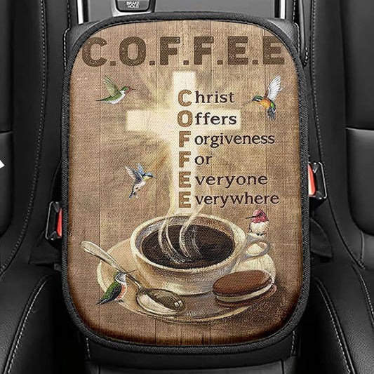 Coffee Cup Hummingbird Christ Offers Forgiveness Seat Box Cover, Bible Verse Car Center Console Cover, Christian Inspirational Car Armrest Cover