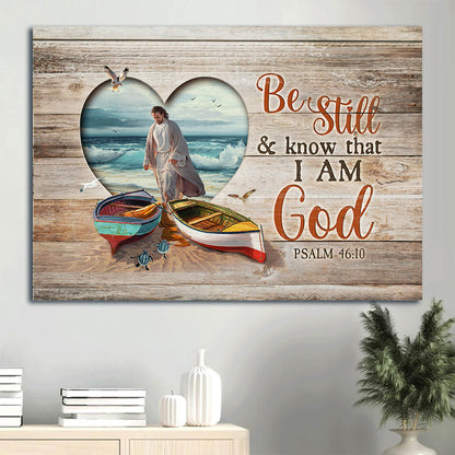 Colorful Boat Jesus Walking On Water Blue Sea Turtle Albatross Heart Be Still And Know That I Am God Canvas Wall Art - Christian Wall Decor