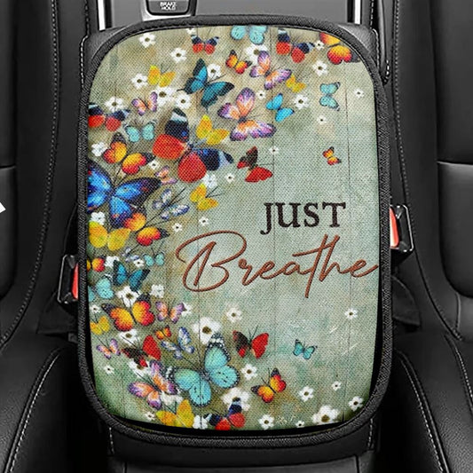 Colorful Butterflies, White Flowers, Just Breathe Car Center Console Cover, Christian Armrest Seat Cover, Bible Seat Box Cover