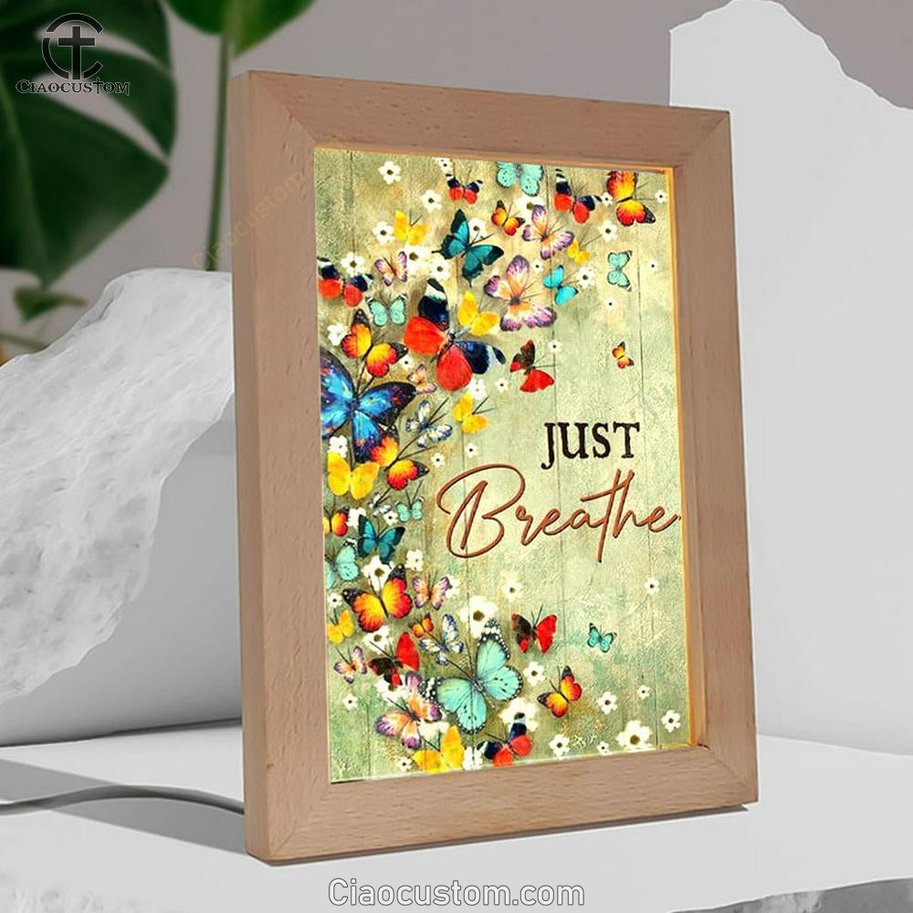 Colorful Butterflies, White Flowers, Just Breathe Frame Lamp