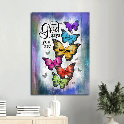Colorful Butterfly Wooden Background God Says You Are Canvas Wall Art - Christian Gift