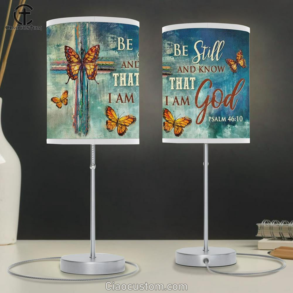 Colorful Cross, Monarch Butterfly, Be Still And Know That I Am God Table Lamp