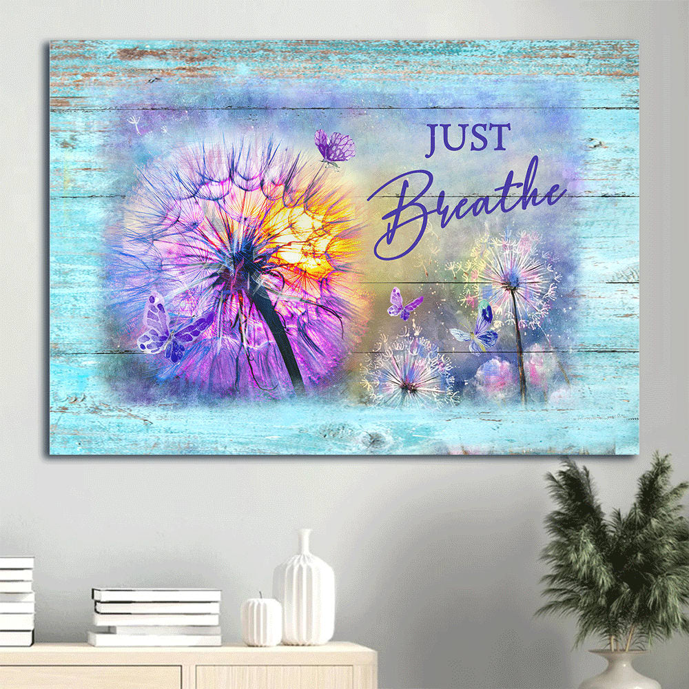 Colorful Dandelion Purple Butterfly Just Breathe Canvas Wall Art - Christian Wall Decor