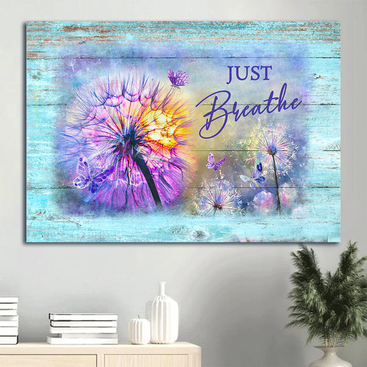 Colorful Dandelion Purple Butterfly Just Breathe Canvas Wall Art - Christian Wall Decor