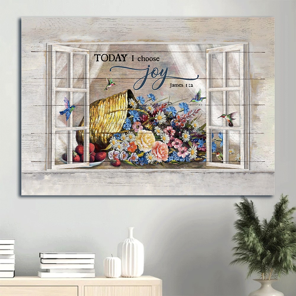 Colorful Flower Hummingbird Window Frame Today I Choose Joy Canvas Wall Art - Christian Wall Decor