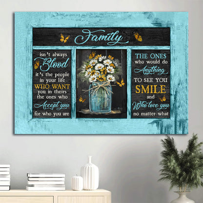 Colorful Flower Painting Yellow Butterfly Black Background Family Isn't Always Blood Canvas Wall Art - Christian Wall Decor