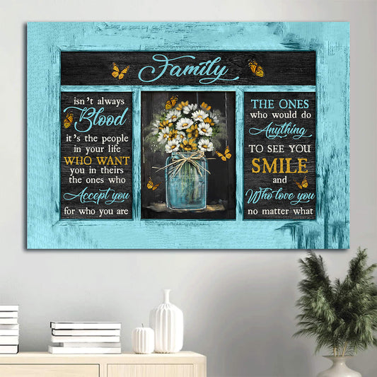 Colorful Flower Painting Yellow Butterfly Black Background Family Isn't Always Blood Canvas Wall Art - Christian Wall Decor