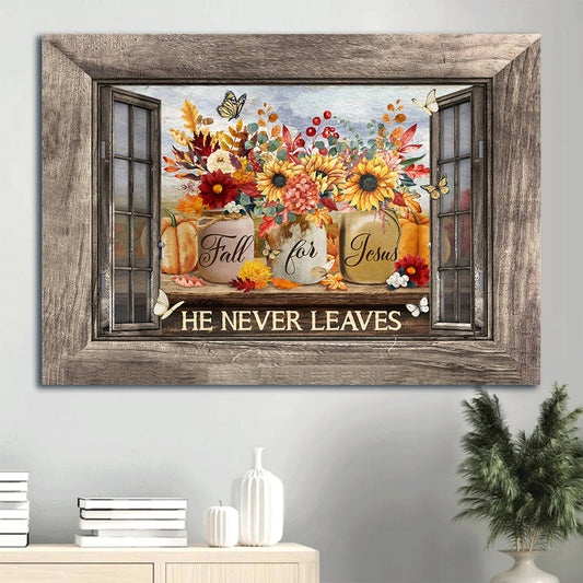 Colorful Flower Pumpkin Painting Colorful Butterfly Wooden Window Frame Fall For Jesus He Never Leaves Canvas Wall Art - Christian Wall Decor