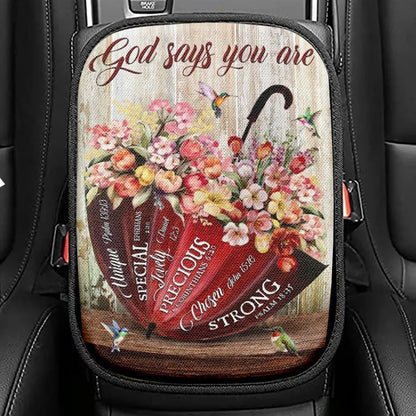 Colorful Flowers, Red Umbrella, God Says You Are Car Center Console Cover, Christian Armrest Seat Cover, Bible Seat Box Cover