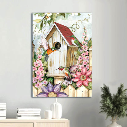 Colorful Hummingbird Canvas Wall Art - Antique Birdhouse & Pink Flower Garden Portrait Canvas