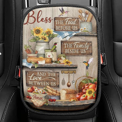 Colorful Kitchen, Hummingbird, Bless The Food Before Us Car Center Console Cover, Christian Armrest Seat Cover, Bible Seat Box Cover