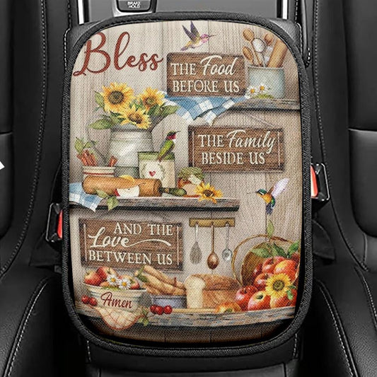Colorful Kitchen, Hummingbird, Bless The Food Before Us Car Center Console Cover, Christian Armrest Seat Cover, Bible Seat Box Cover