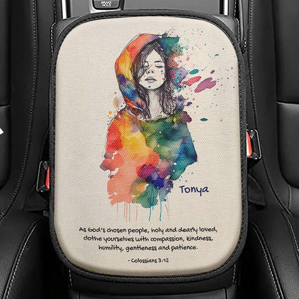 Colossians 31 Clothe Yourselves With Compassion Personalized Seat Box Cover, Religious Car Center Console Cover, Bible Car Interior Accessories