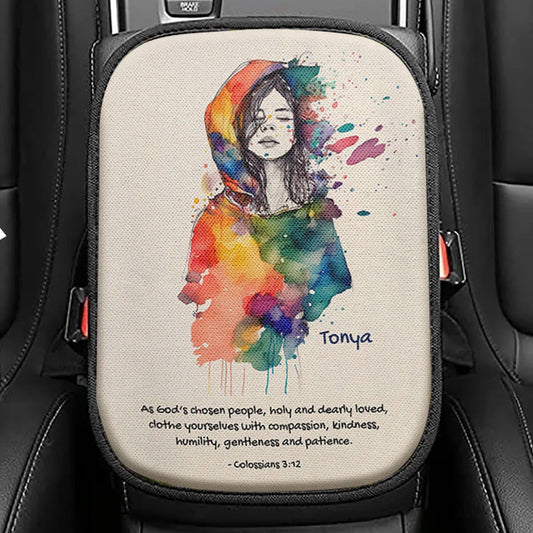 Colossians 31 Clothe Yourselves With Compassion Personalized Seat Box Cover, Religious Car Center Console Cover, Bible Car Interior Accessories