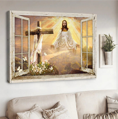 Come To Jesus Beautiful Sunset Cross Lily Garden Canvas Wall Art - Jesus Canvas Pictures - Christian Wall Posters