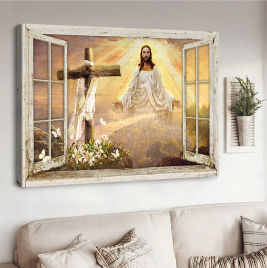 Come To Jesus Beautiful Sunset Cross Lily Garden Canvas Wall Art - Jesus Canvas Pictures - Christian Wall Posters