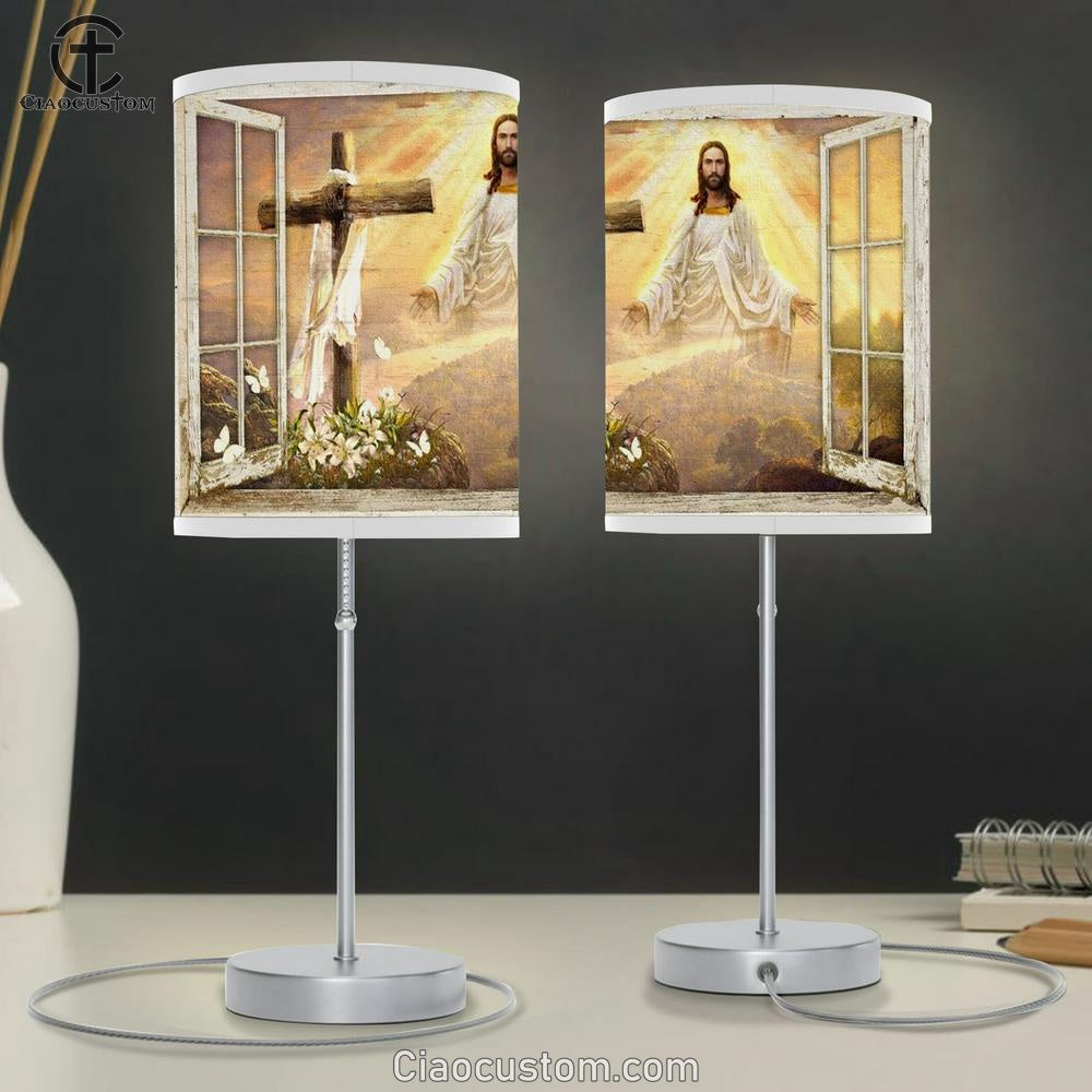 Come To Jesus, Beautiful Sunset, Cross, Lily Garden Table Lamp
