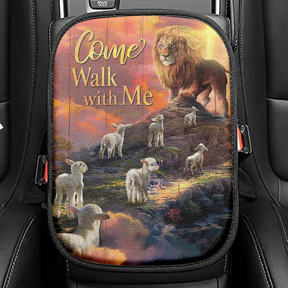 Come Walk With Me Seat Box Cover, Great Dane And Jesus Walks On The Water Car Center Console Cover, Christian Car Interior Accessories