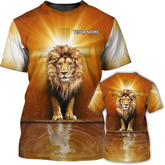 Cool Lion With Light Cross Custom Name All Over Printed 3D T Shirt - Christian Shirts for Men Women