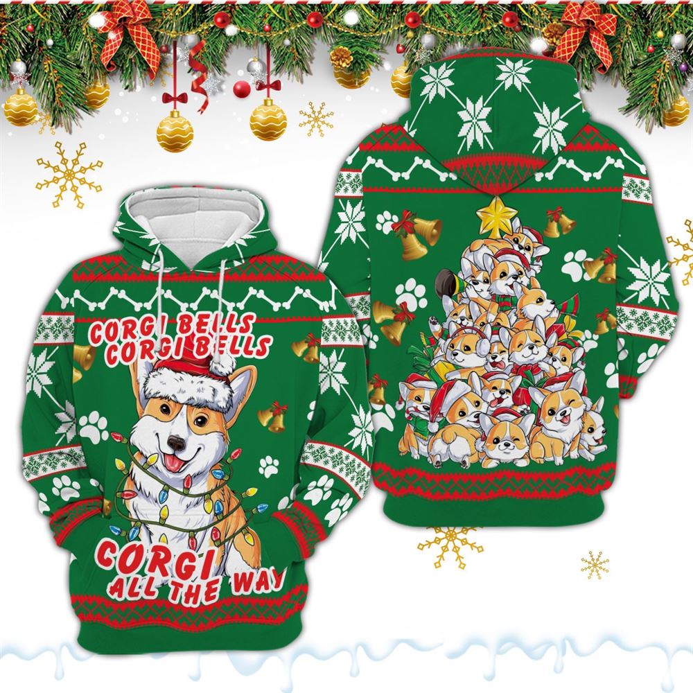 Corgi Dog Bells Christmas All Over Print 3D Hoodie For Men And Women, Best Gift For Dog lovers, Best Outfit Christmas