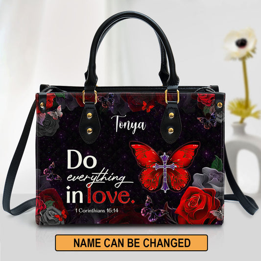 Corinthians 1614 Do Everything in Love Inspirational Gifts With Bible Verse For Christian Women Personalized Leather Handbag With Straps