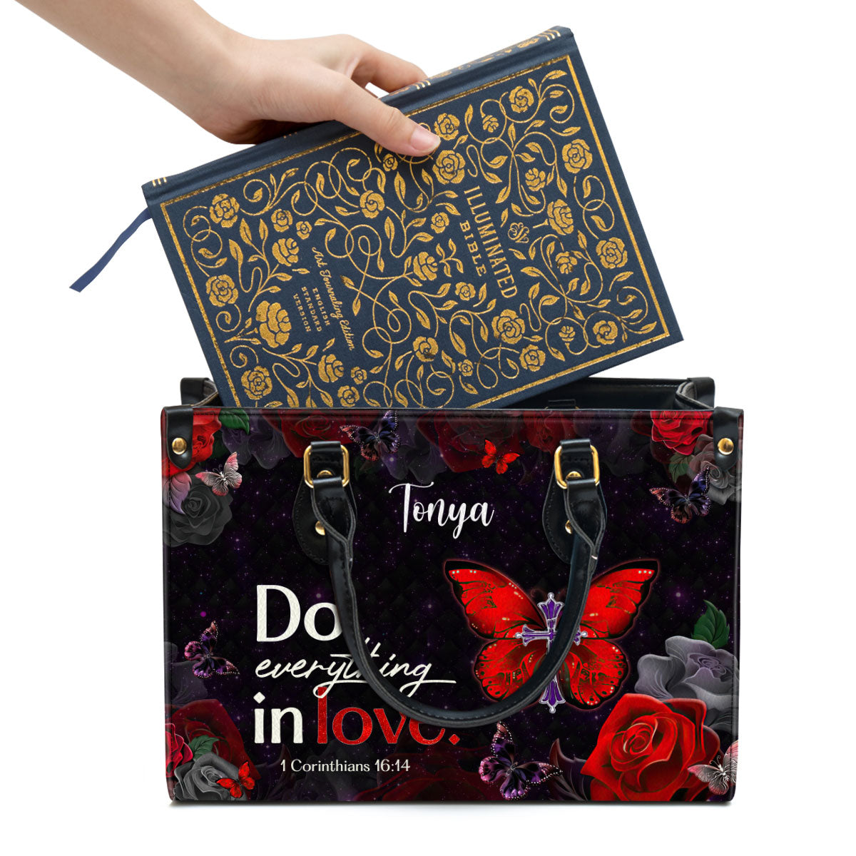 Corinthians 1614 Do Everything in Love Inspirational Gifts With Bible Verse For Christian Women Personalized Leather Handbag With Straps