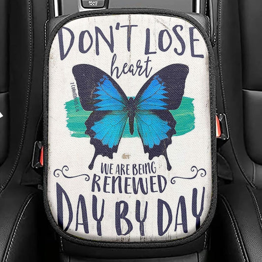 Corinthians 1 16 Don't Lose Heart Seat Box Cover, Blue Butterfly Car Center Console Cover, Christian Gift For Women