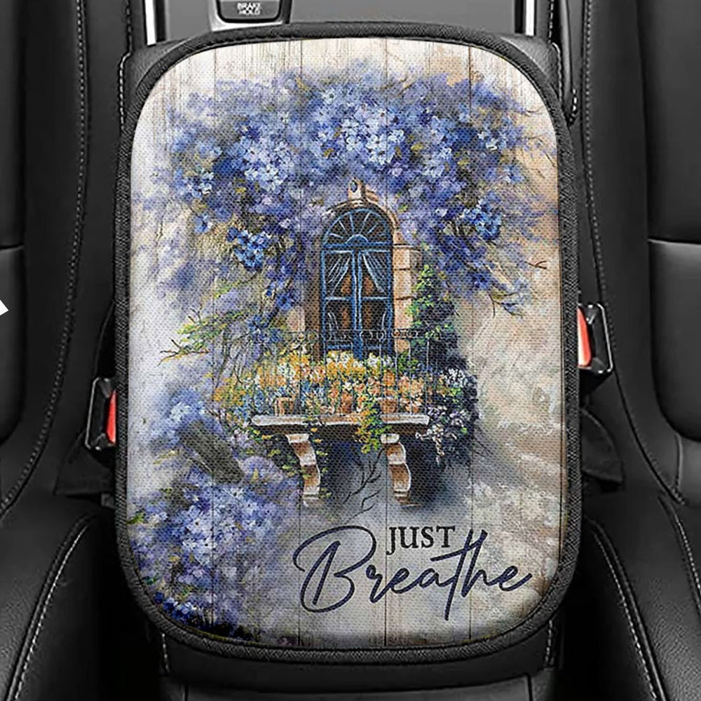 Cosmos Flower Just Breathe Seat Box Cover, Bible Verse Car Center Console Cover, Christian Inspirational Car Interior Accessories