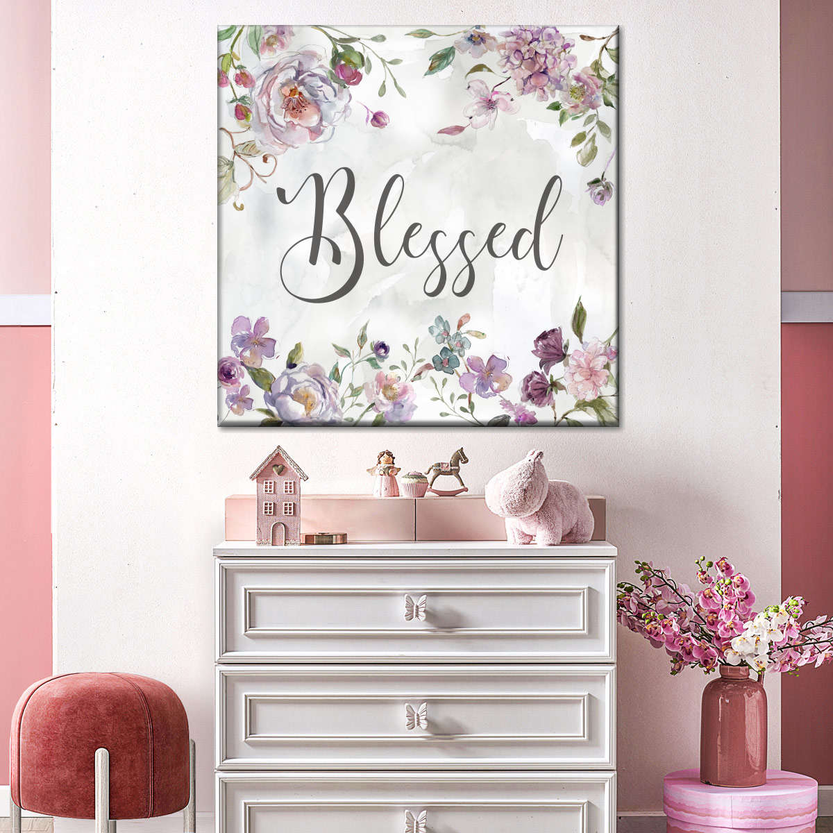 Cottage Floral Blessed Square Canvas Wall Art - Bible Verse Wall Art Canvas - Religious Wall Hanging
