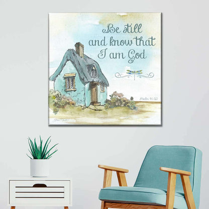Cottage With Psalm Be Still And Know Square Canvas Wall Art - Bible Verse Wall Art Canvas - Religious Wall Hanging