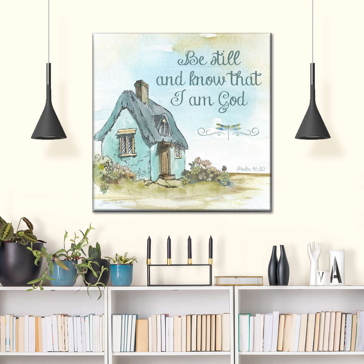 Cottage With Psalm Be Still And Know Square Canvas Wall Art - Bible Verse Wall Art Canvas - Religious Wall Hanging