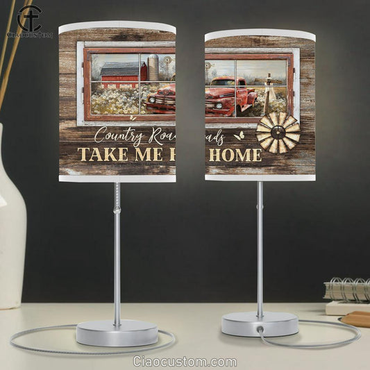 Country Roads Take Me Home Old Red Truck Wooden Cross Large Table Lamp - Christian Lamp Art - Bible Verse Table Lamp Art