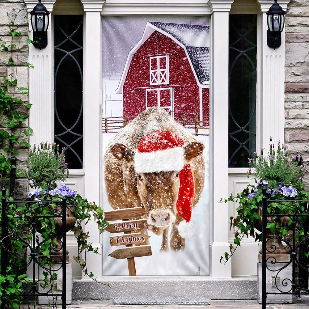 Cow Barn Merry Christmas Door Cover - Door Christmas Cover - Cow Lover Gifts